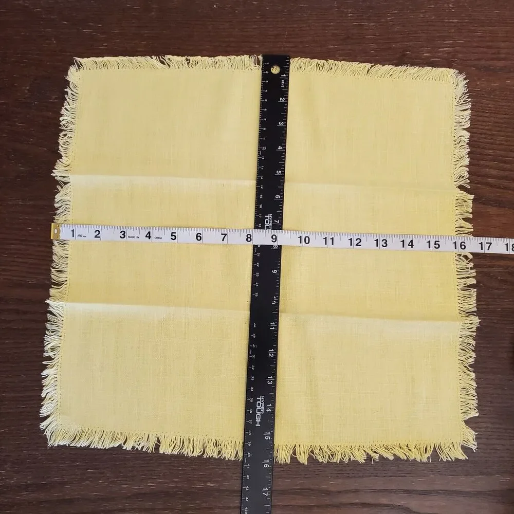 Vintage Set Of‎ 4 Linen Hand Stitched w/ Fringe Yellow Tablecloth Napkins NWOT